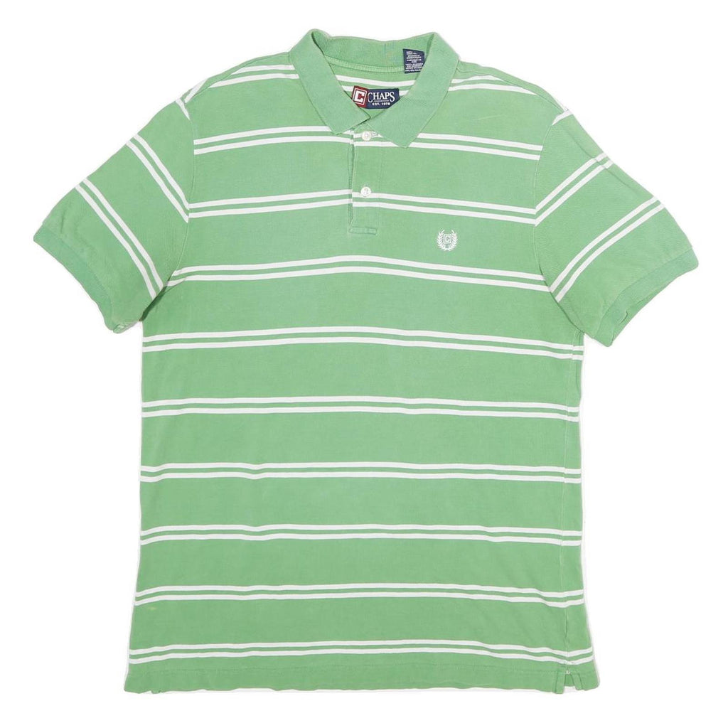 CHAPS Mens Green & White Striped Short Sleeve Polo Shirt L Cotton Classic