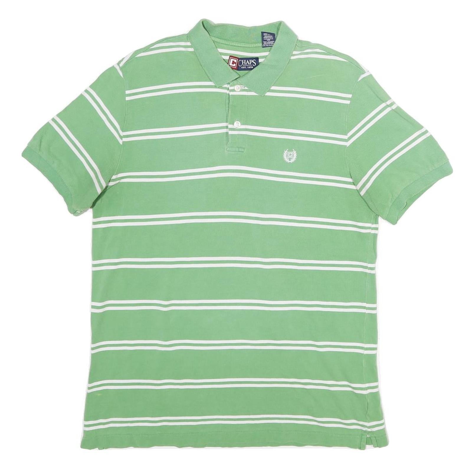 CHAPS Mens Green & White Striped Short Sleeve Polo Shirt L Cotton Classic