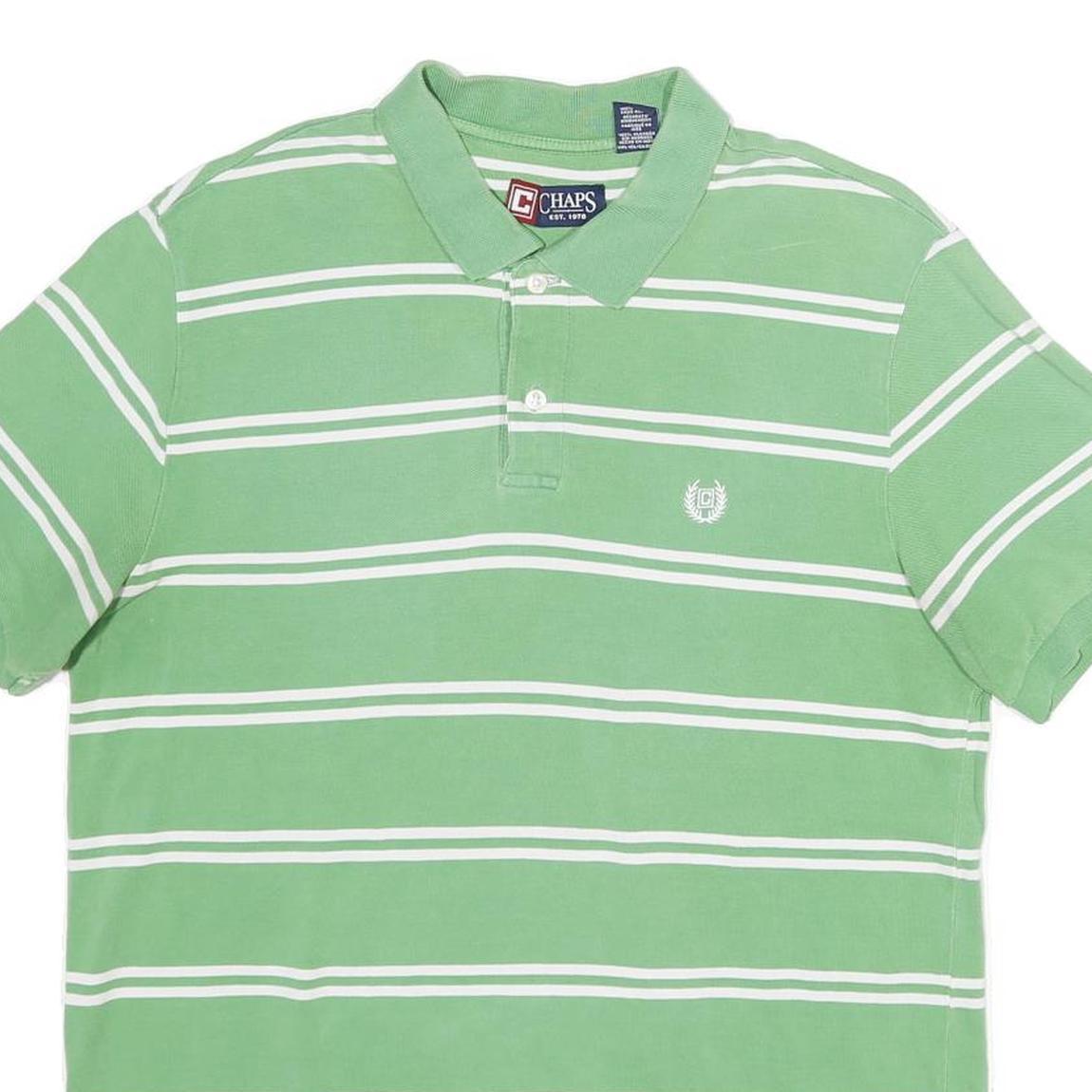 CHAPS Mens Green & White Striped Short Sleeve Polo Shirt L Cotton Classic