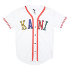 KARL KANI Mens White Red KANI Graphic T-Shirt S Short Sleeve V-Neck Button