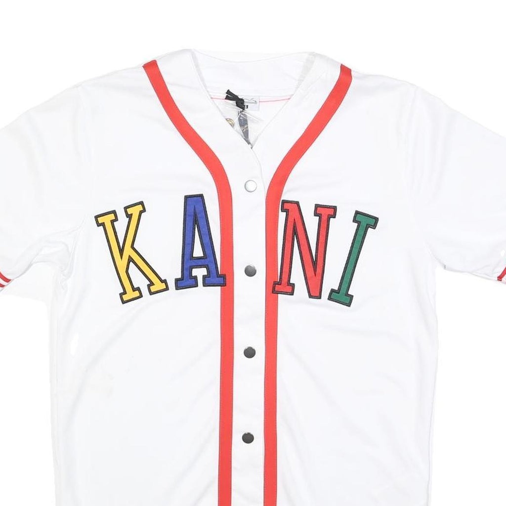 KARL KANI Mens White Red KANI Graphic T-Shirt S Short Sleeve V-Neck Button