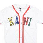 KARL KANI Mens White Red KANI Graphic T-Shirt S Short Sleeve V-Neck Button