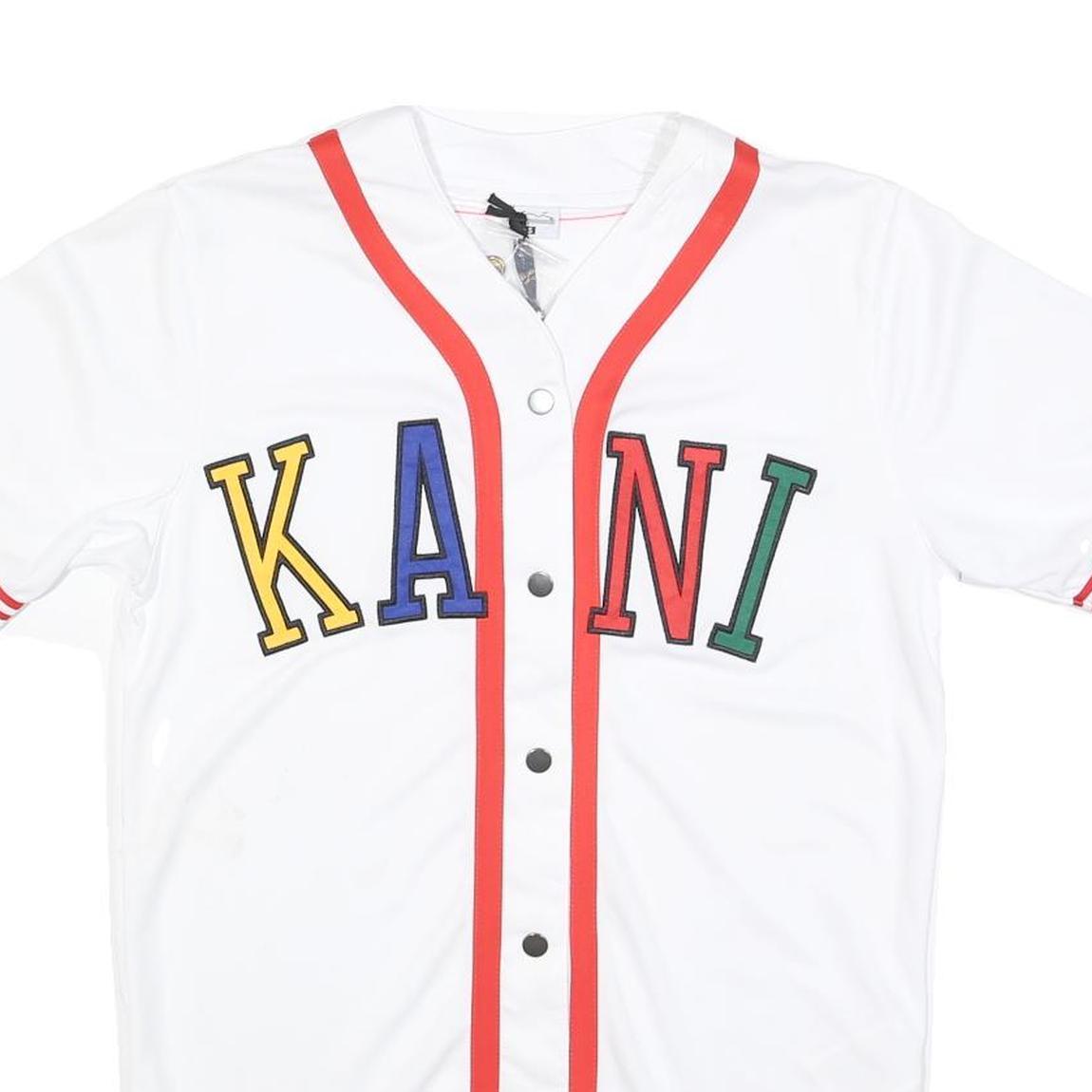 KARL KANI Mens White Red KANI Graphic T-Shirt S Short Sleeve V-Neck Button