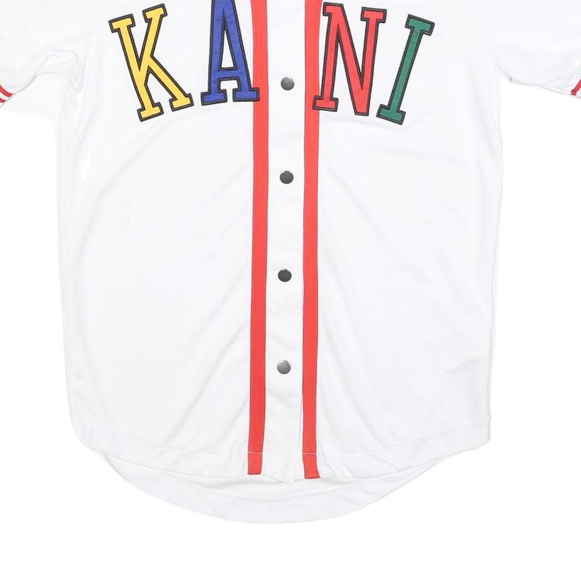 KARL KANI Mens White Red KANI Graphic T-Shirt S Short Sleeve V-Neck Button