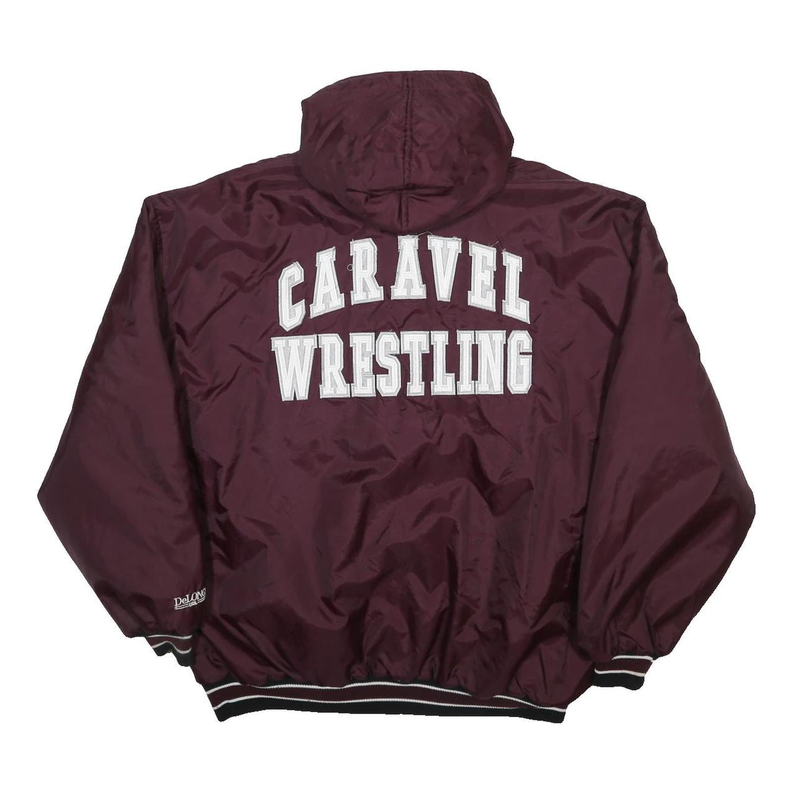 DELONG Mens Maroon Nylon Hooded Zip Jacket 2XL Plain CARAVEL WRESTLING