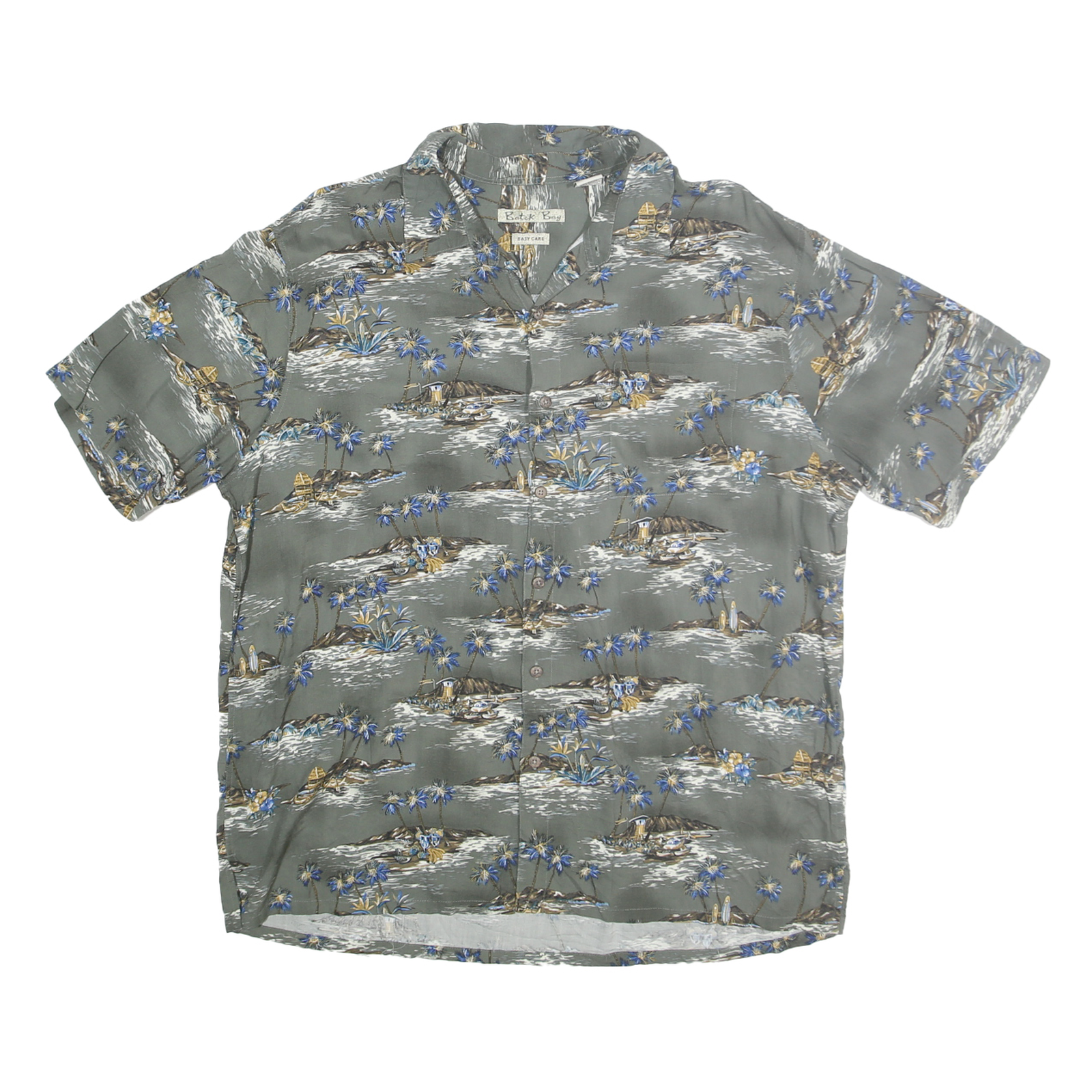 BATIK BAY Mens Grey & Blue Rayon Hawaiian Shirt XL Island Print Casual