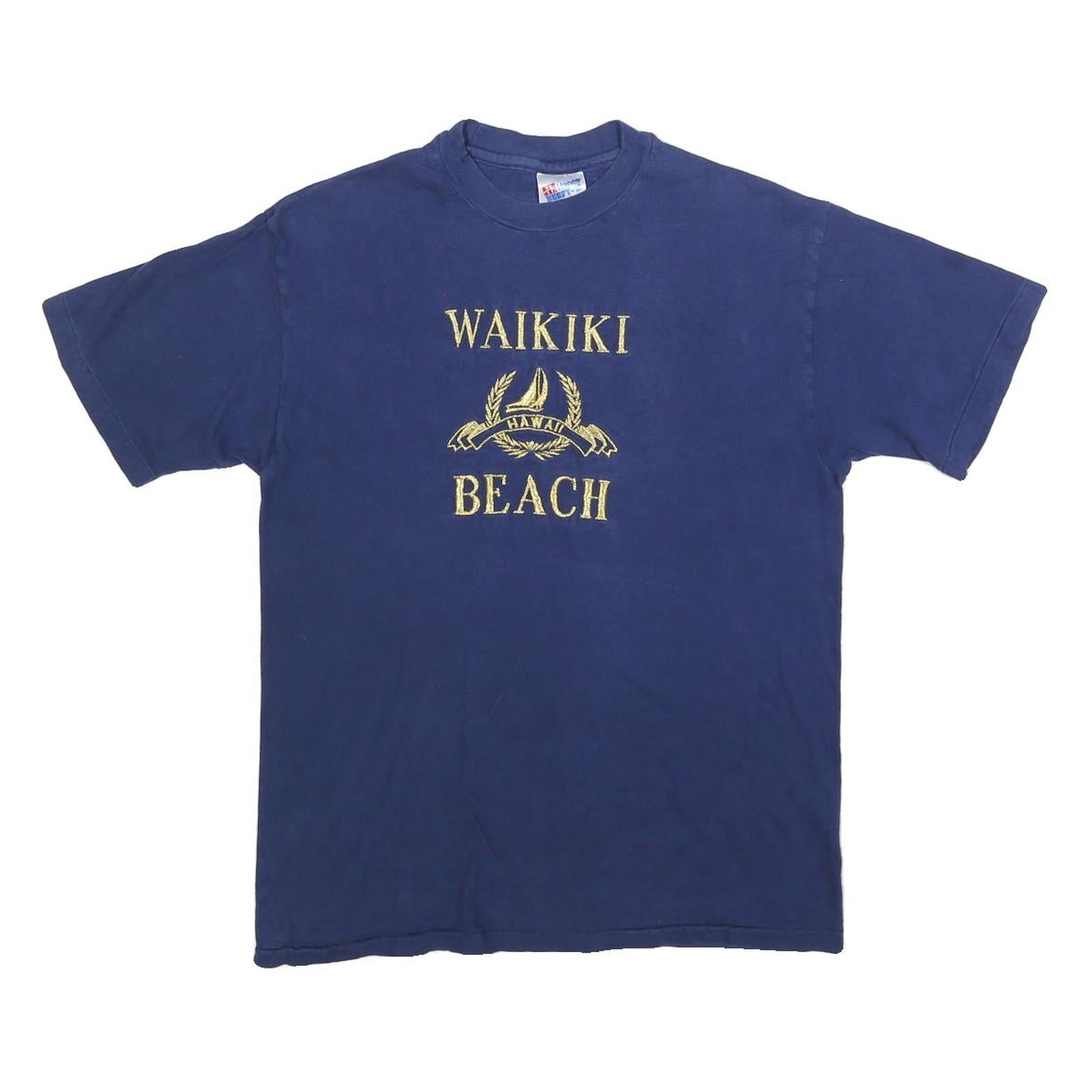 HANES Mens Blue Waikiki Beach Graphic T-Shirt M Short Sleeve Crew Neck Casual