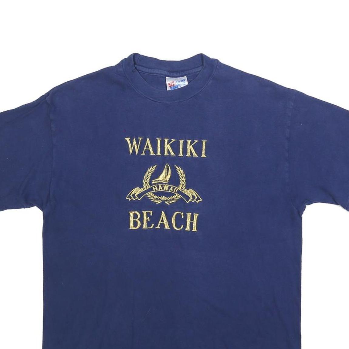 HANES Mens Blue Waikiki Beach Graphic T-Shirt M Short Sleeve Crew Neck Casual