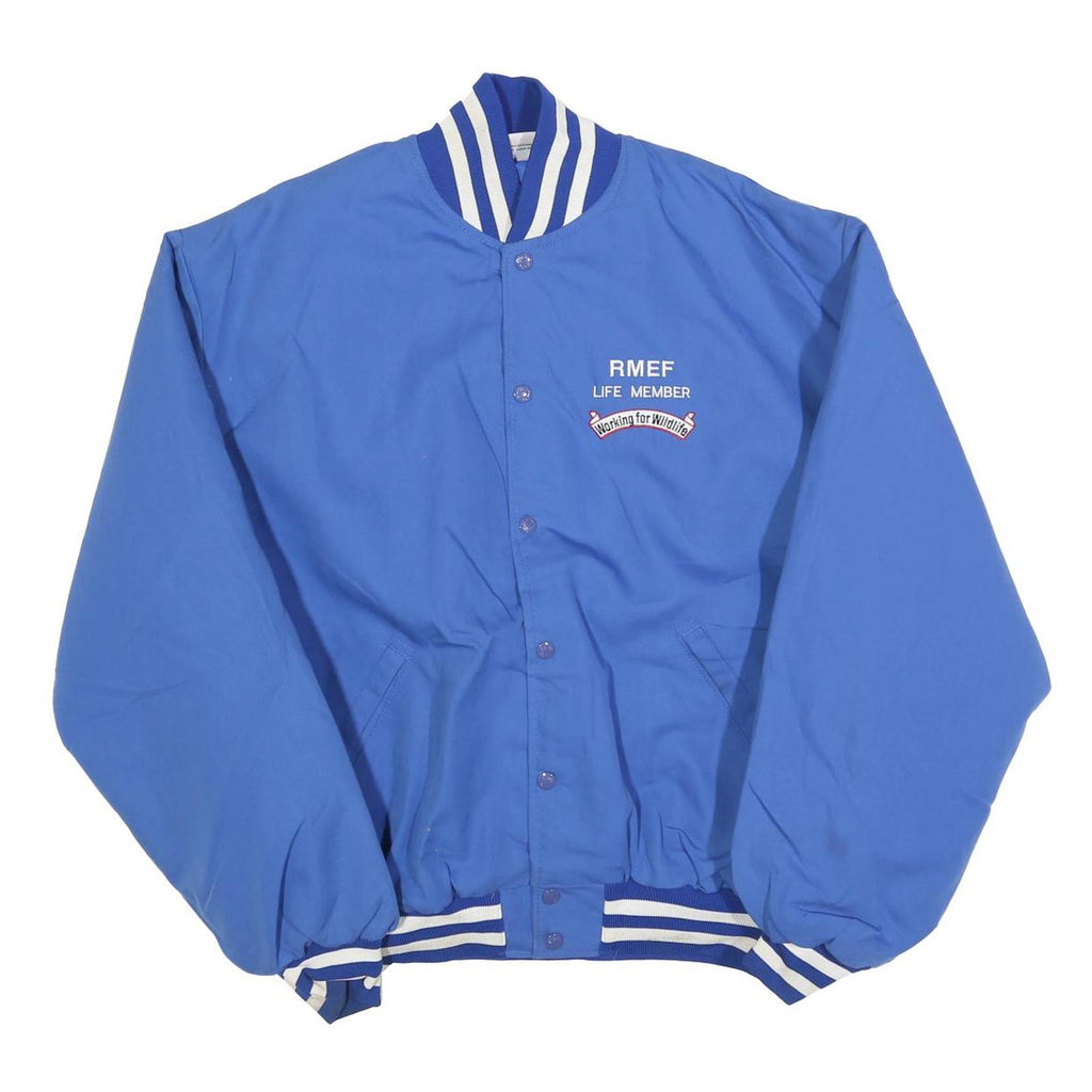 BIRDIE Mens Blue Cotton Blend Varsity Jacket XL Button Plain RMEF Rocky Mountain