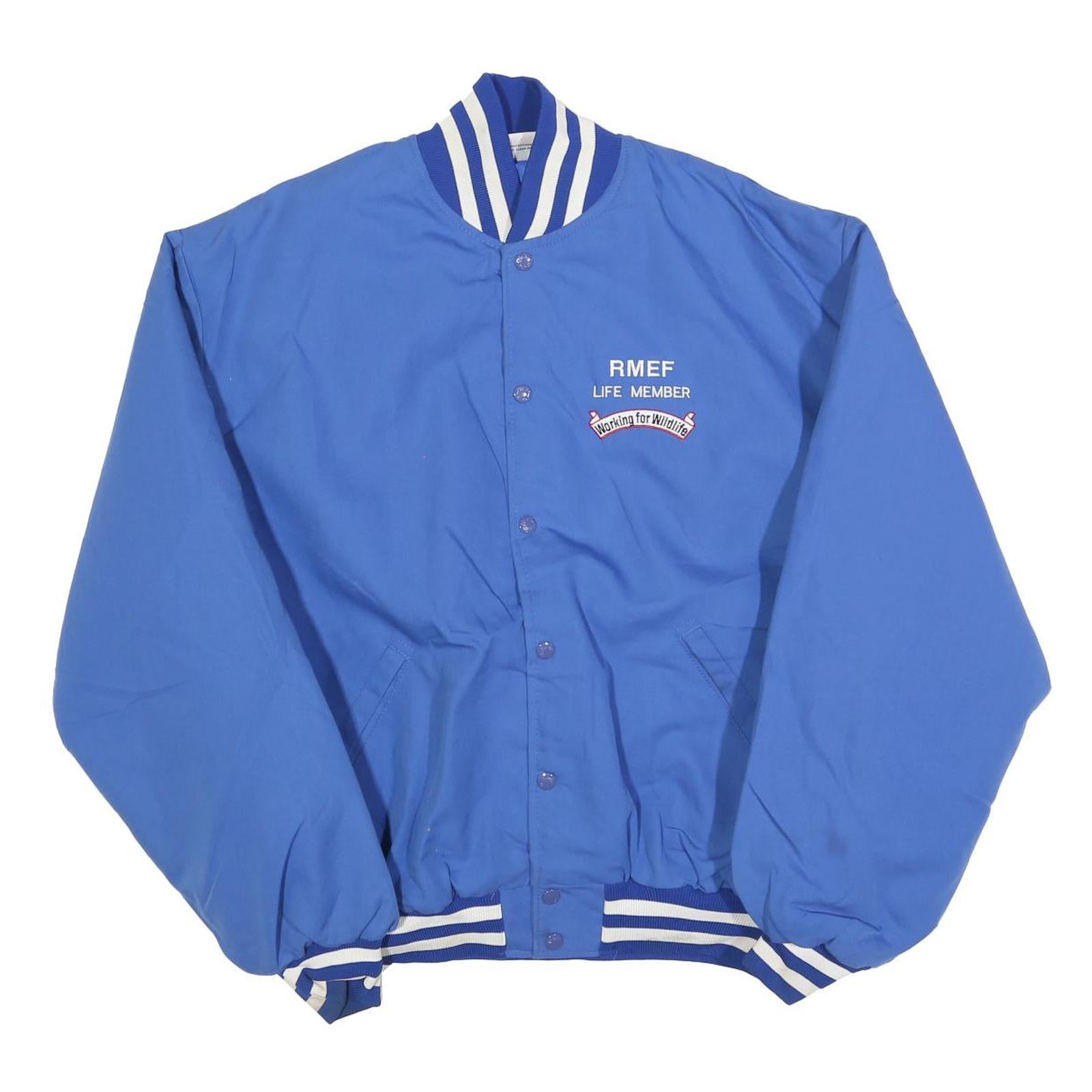 BIRDIE Mens Blue Cotton Blend Varsity Jacket XL Button Plain RMEF Rocky Mountain