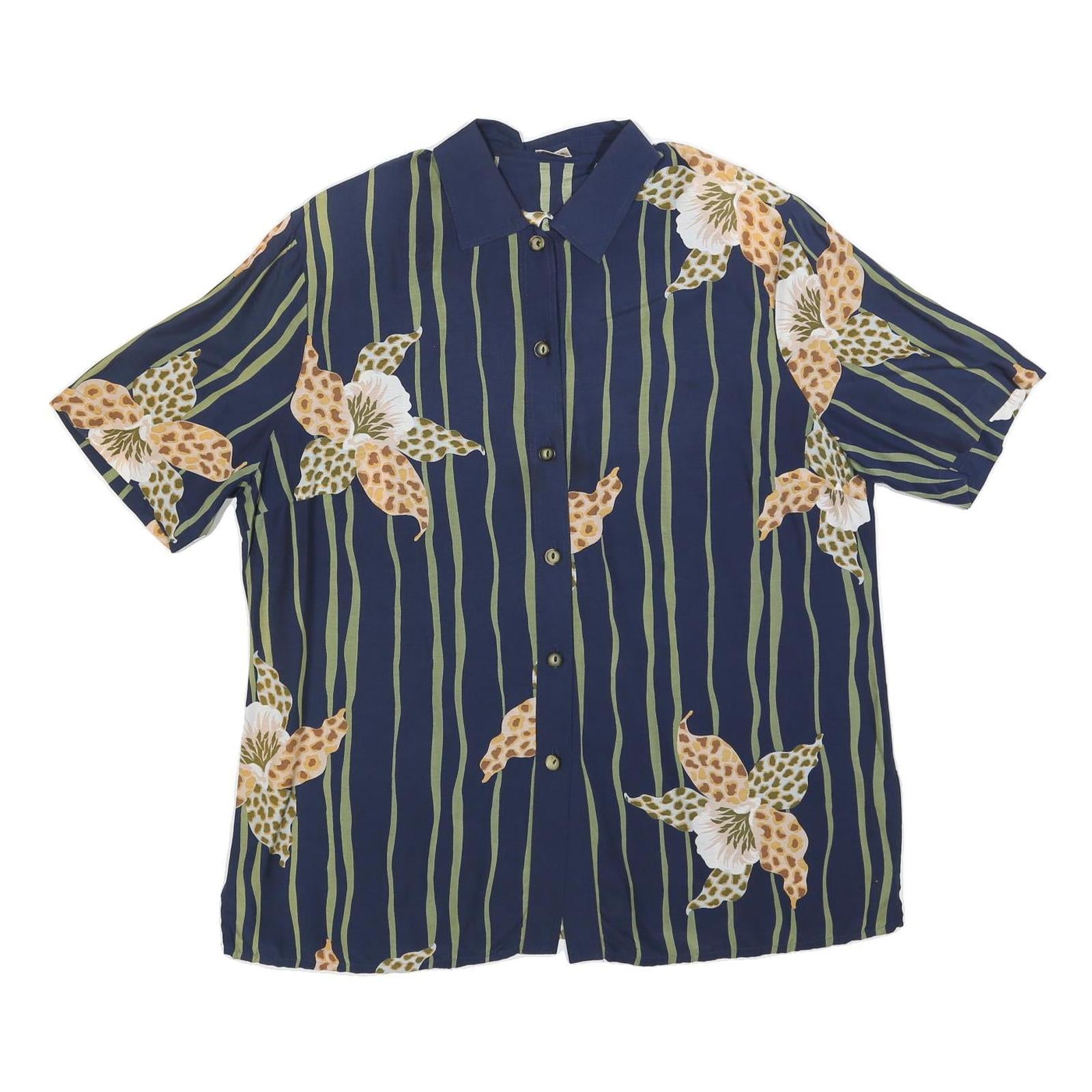 FELICIA Womens Blue Green Floral Striped Shirt Short Sleeve Collared L Relaxed