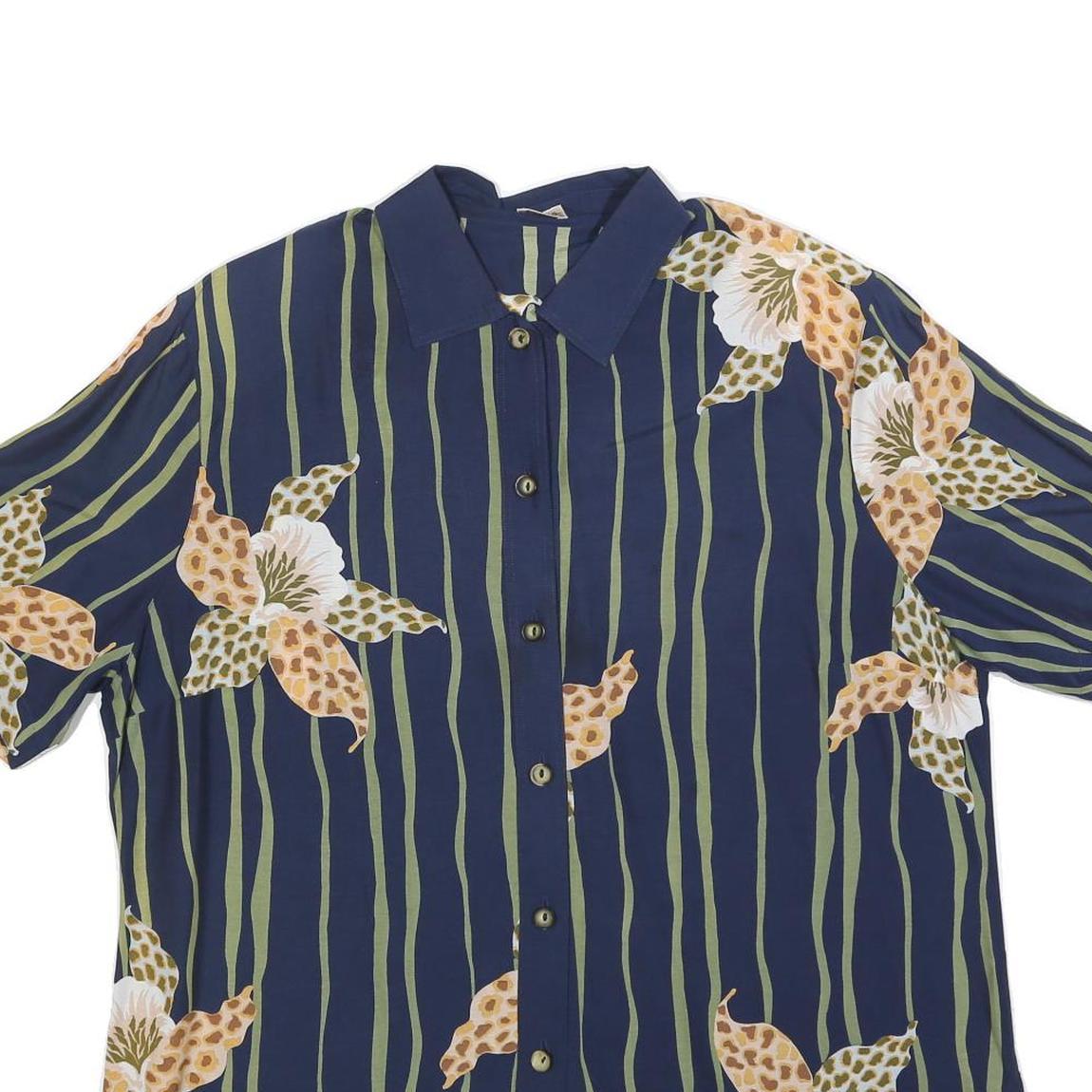 FELICIA Womens Blue Green Floral Striped Shirt Short Sleeve Collared L Relaxed