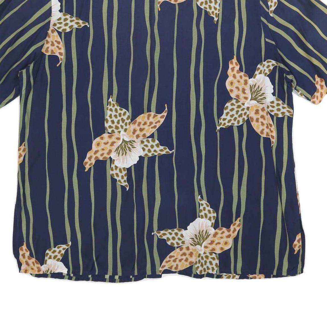 FELICIA Womens Blue Green Floral Striped Shirt Short Sleeve Collared L Relaxed