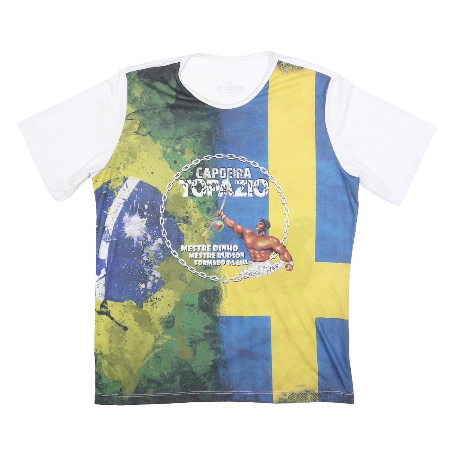 TOPAZIO Mens White & Multi Capoeira Graphic T-Shirt L Short Sleeve Crew Neck