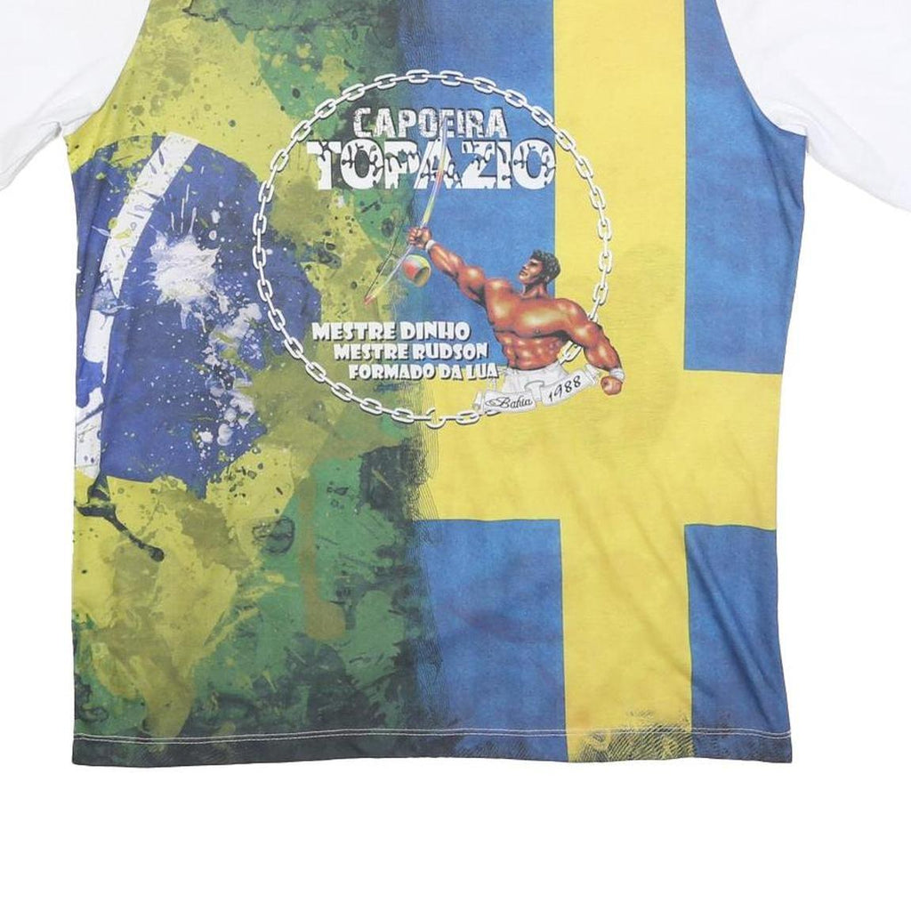 TOPAZIO Mens White & Multi Capoeira Graphic T-Shirt L Short Sleeve Crew Neck