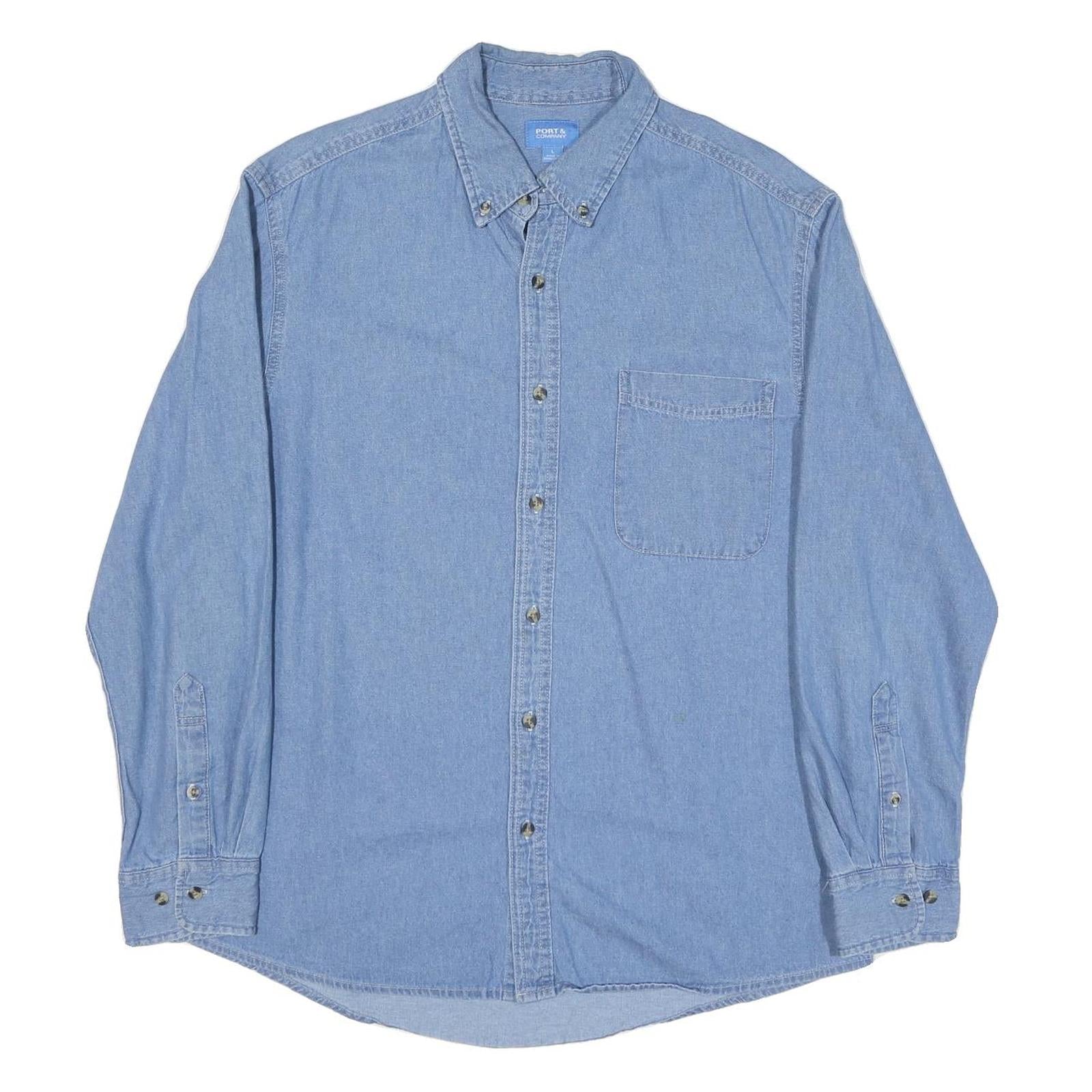 PORT AND COMPANY Mens Blue Denim Shirt L Cotton Blend Lightweight Long Sleeve