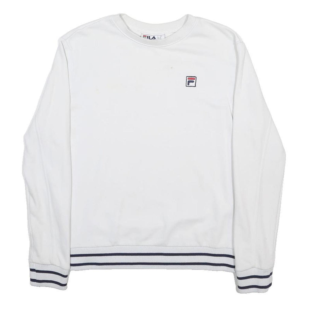 FILA Womens White Crew Neck Sweatshirt M Cotton Blend Striped Hem Casual