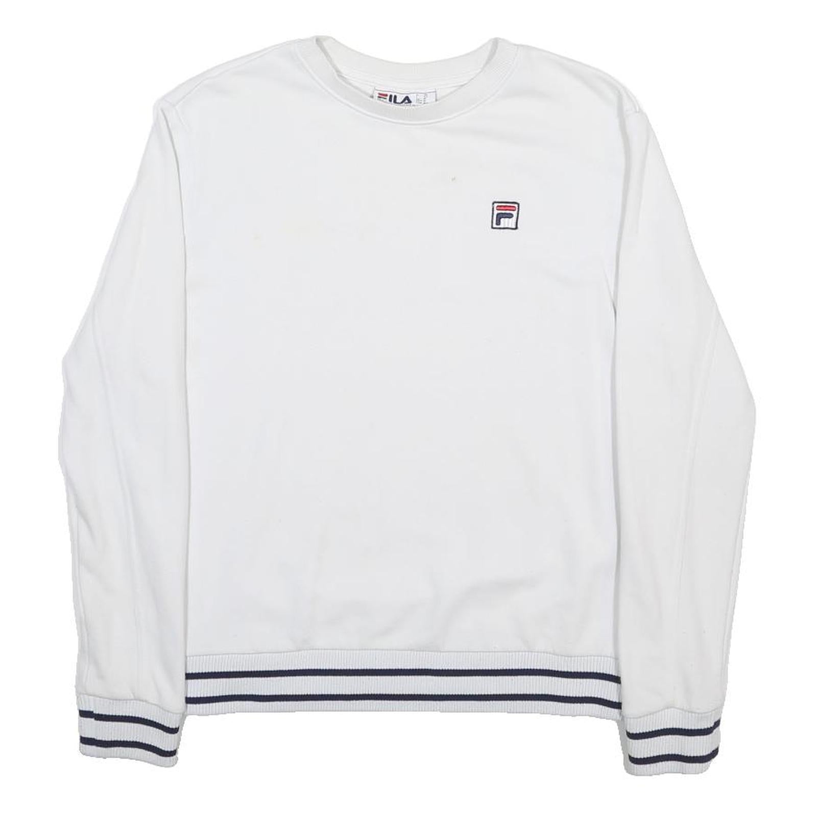 FILA Womens White Crew Neck Sweatshirt M Cotton Blend Striped Hem Casual