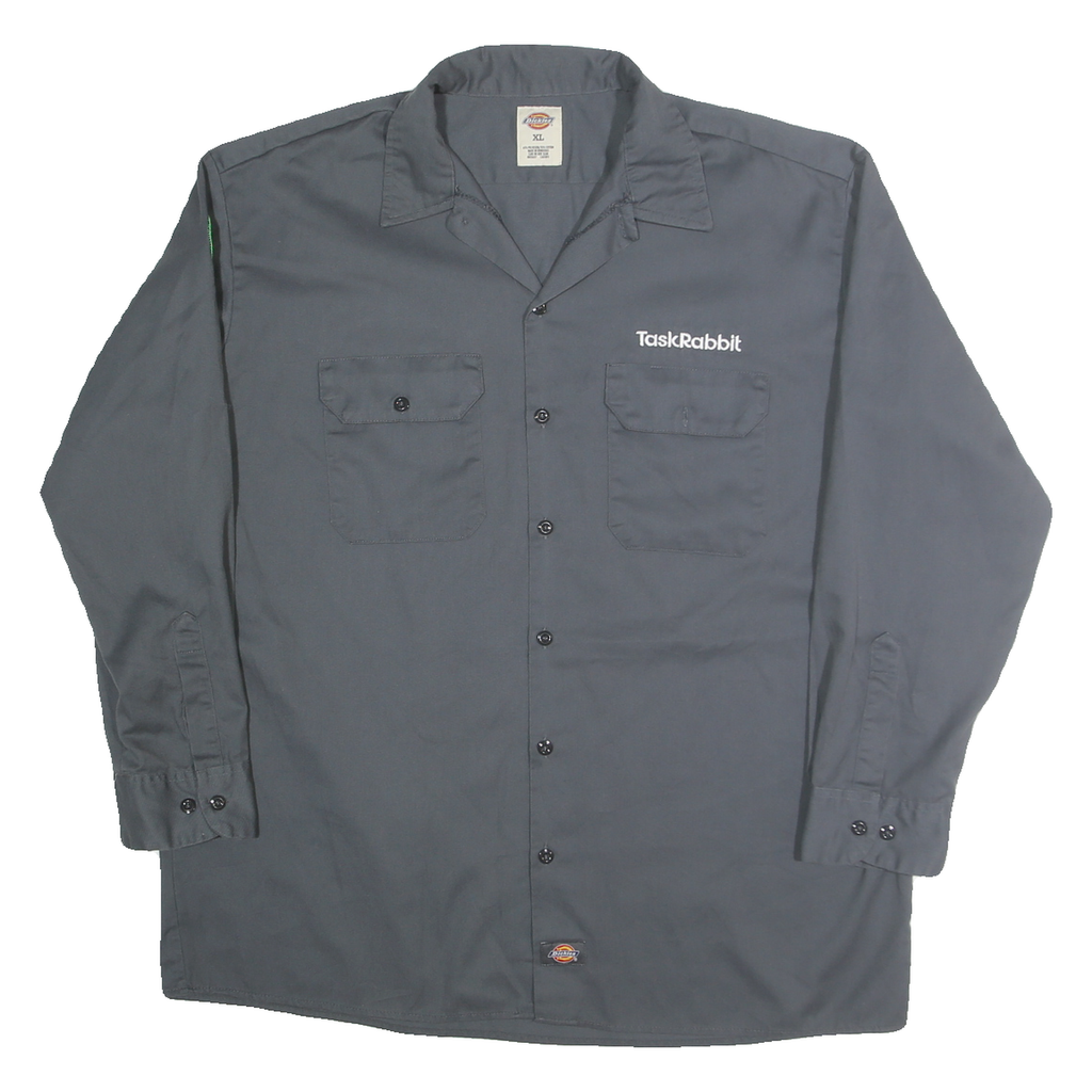 DICKIES Mens Grey & Green Workwear Shirt XL TaskRabbit Embroidered Logo Button