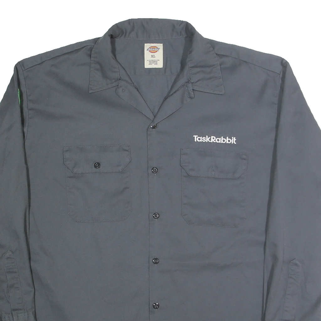 DICKIES Mens Grey & Green Workwear Shirt XL TaskRabbit Embroidered Logo Button