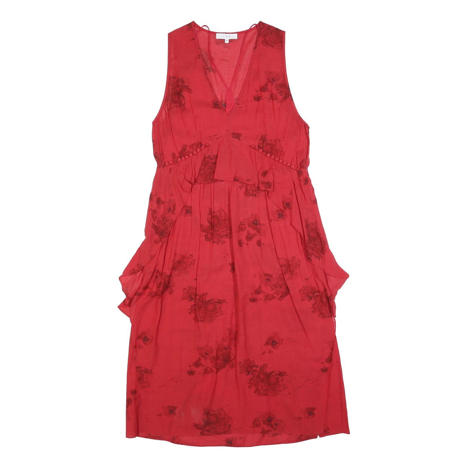 IRO Womens Red Floral Sleeveless Midi Dress L Elegant V-Neck Summer Style