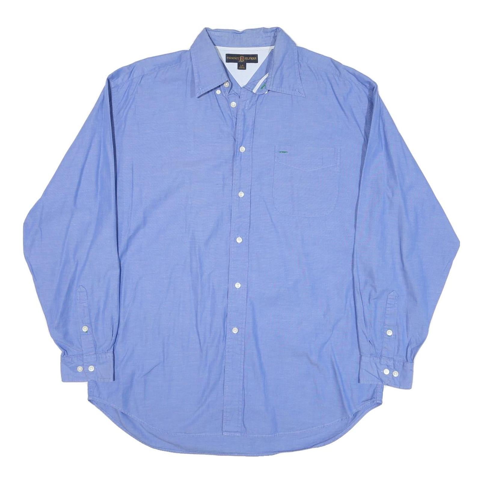 TOMMY HILFIGER Mens Blue Regular Fit Cotton Blend Shirt L Casual Long Sleeve