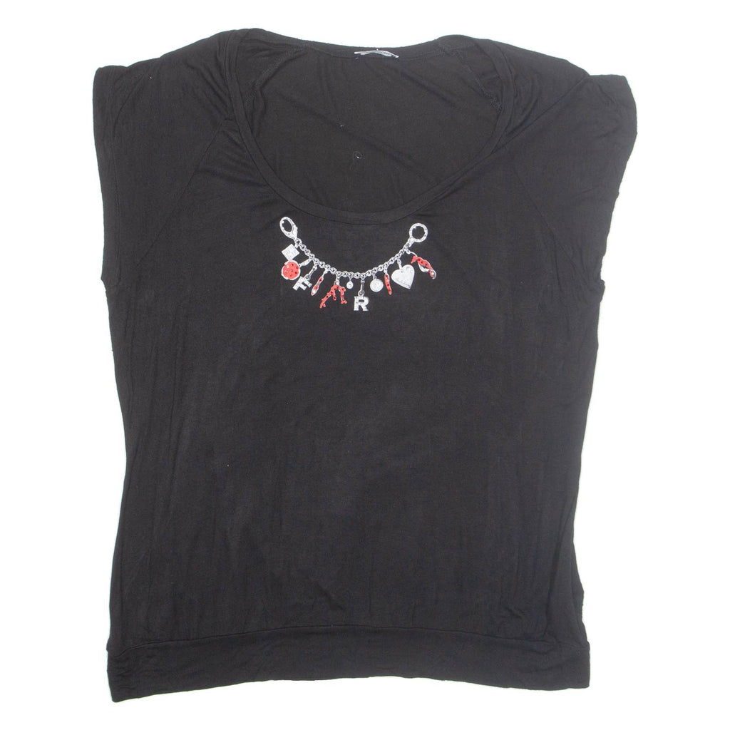 FIORELLA RUBINO Rhinestone Womens Printed Blouse Black Sleeveless Viscose L