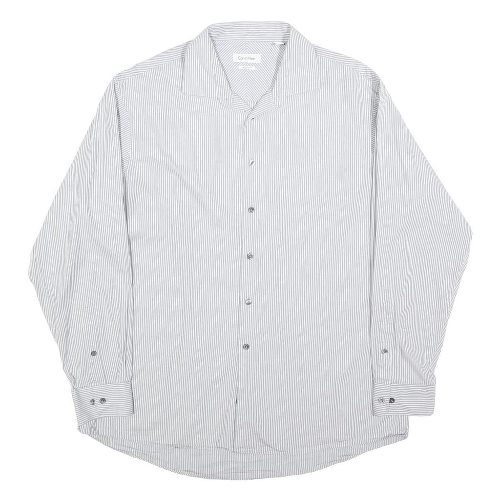 CALVIN KLEIN Mens White & Grey Striped Long Sleeve Shirt L Classic Cotton Blend