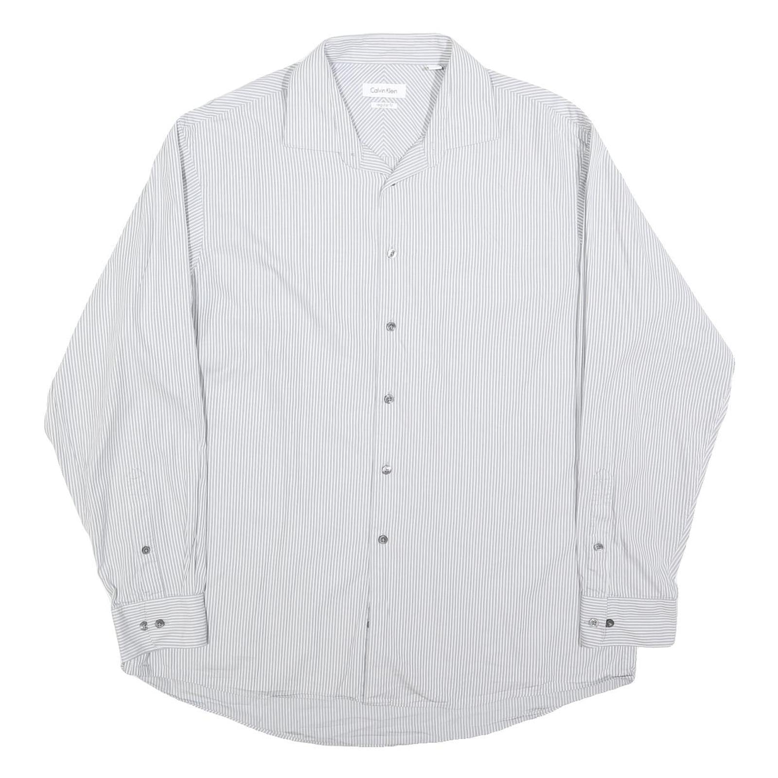 CALVIN KLEIN Mens White & Grey Striped Long Sleeve Shirt L Classic Cotton Blend