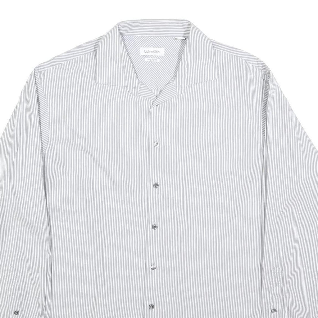 CALVIN KLEIN Mens White & Grey Striped Long Sleeve Shirt L Classic Cotton Blend