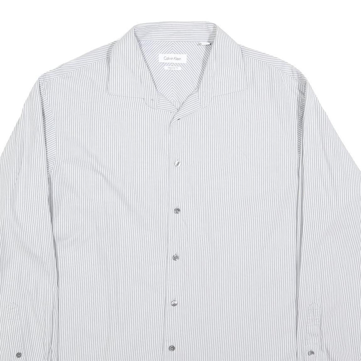 CALVIN KLEIN Mens White & Grey Striped Long Sleeve Shirt L Classic Cotton Blend