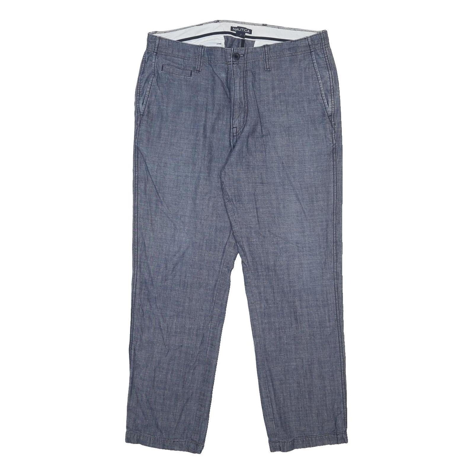 NAUTICA Mens Cotton Blue Slim Straight Trousers W33 L30 Casual Smart Zip