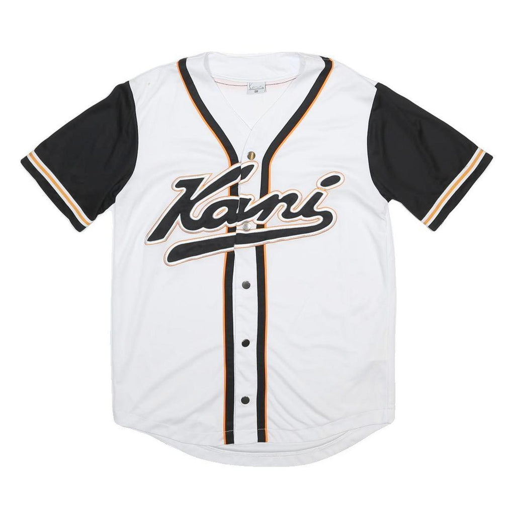 KARL KANI Mens White & Black Script Logo Baseball T-Shirt XS Short Sleeve V-Neck