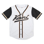 KARL KANI Mens White & Black Script Logo Baseball T-Shirt XS Short Sleeve V-Neck