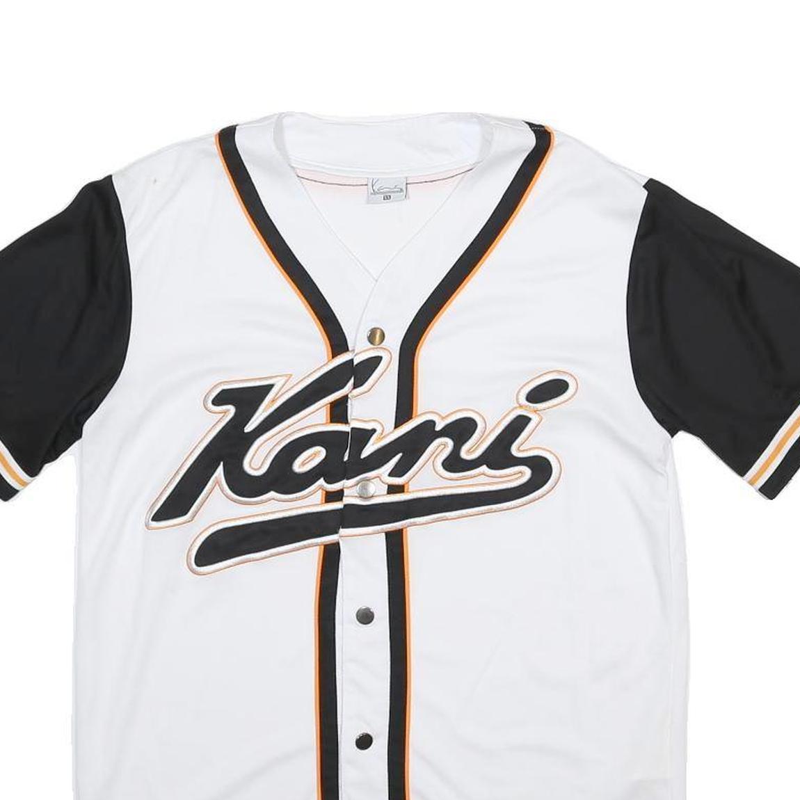 KARL KANI Mens White & Black Script Logo Baseball T-Shirt XS Short Sleeve V-Neck