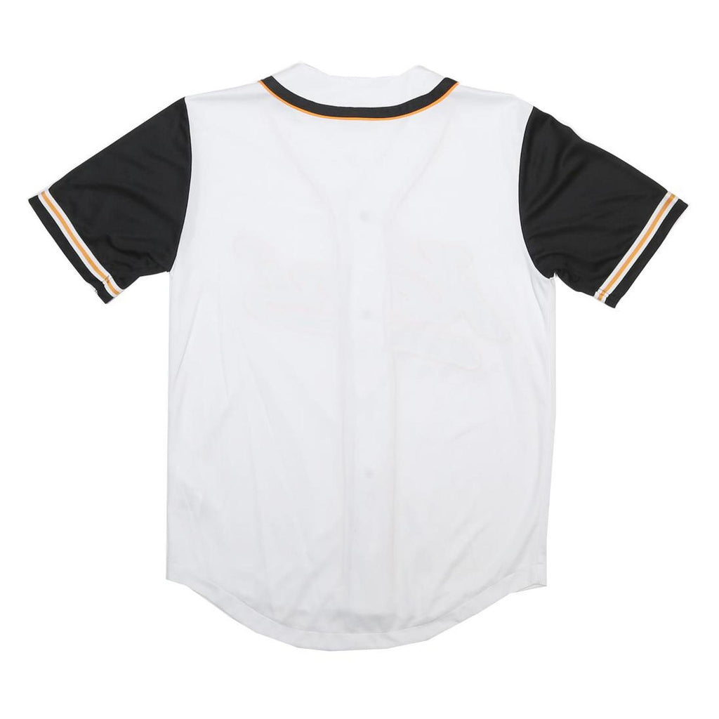 KARL KANI Mens White & Black Script Logo Baseball T-Shirt XS Short Sleeve V-Neck