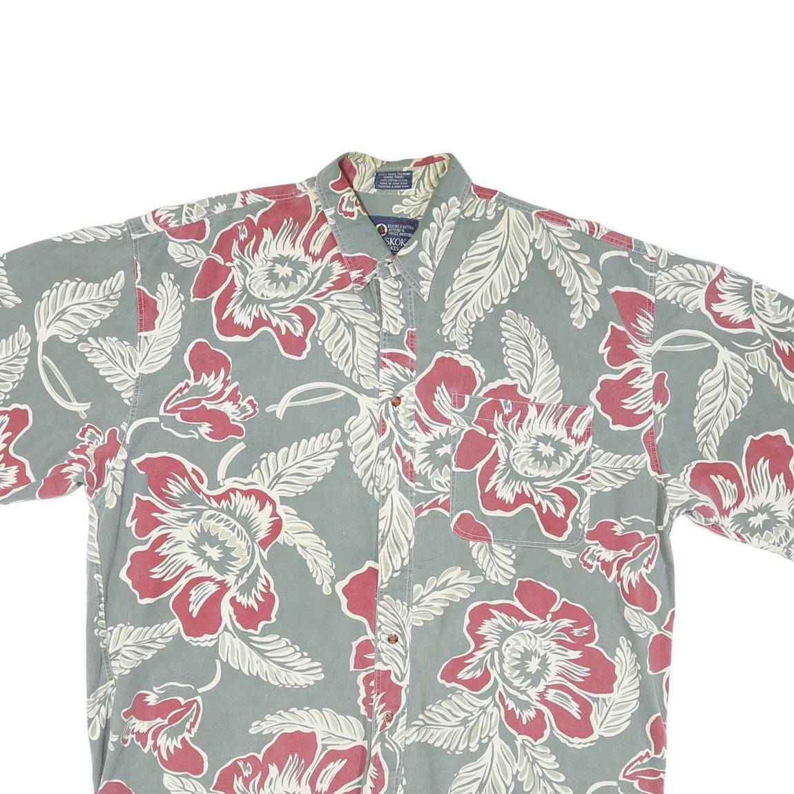 MUSKOKA Mens Green & Red Floral Cotton Shirt L Casual Summer Patterned