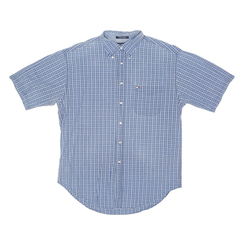 TOMMY HILFIGER Mens Blue Check Shirt L Button Down Short Sleeve