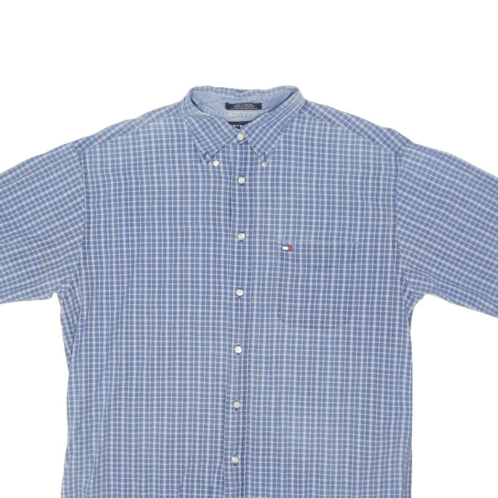 TOMMY HILFIGER Mens Blue Check Shirt L Button Down Short Sleeve