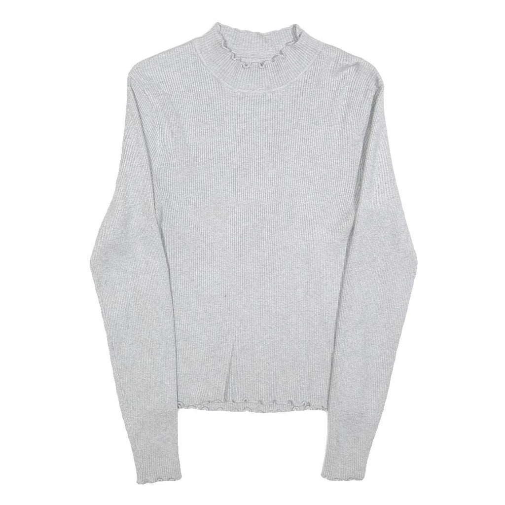 Womens Grey Plain Cotton Blend Casual Jumper Crew Neck Tight Knit M Lightweight