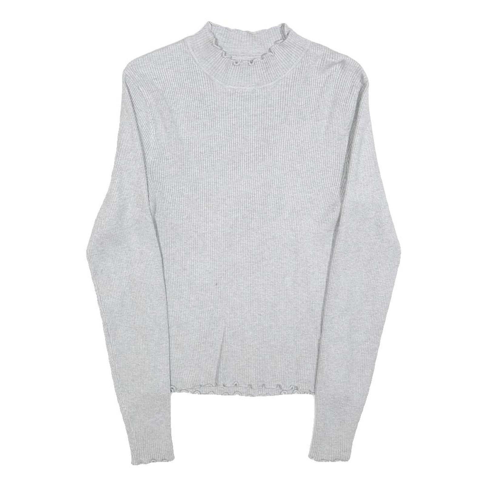 Womens Grey Plain Cotton Blend Casual Jumper Crew Neck Tight Knit M Lightweight