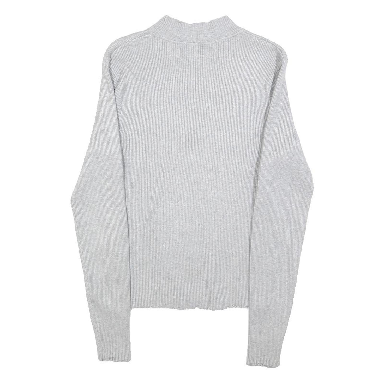 Womens Grey Plain Cotton Blend Casual Jumper Crew Neck Tight Knit M Lightweight