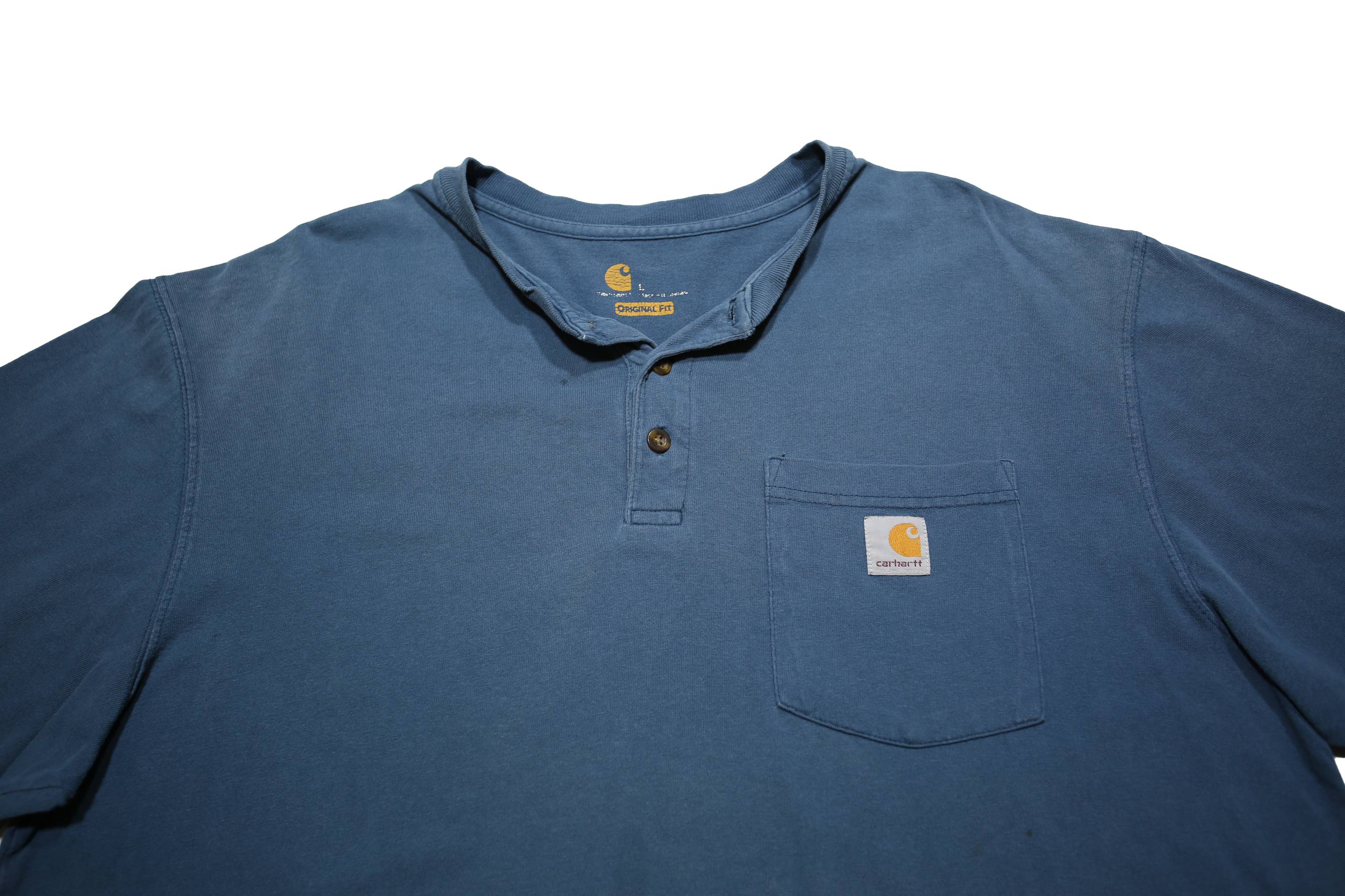 CARHARTT Mens Blue Henley T-Shirt L Short Sleeve Crew Neck Cotton Workwear