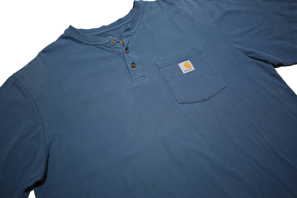 CARHARTT Mens Blue Henley T-Shirt L Short Sleeve Crew Neck Cotton Workwear