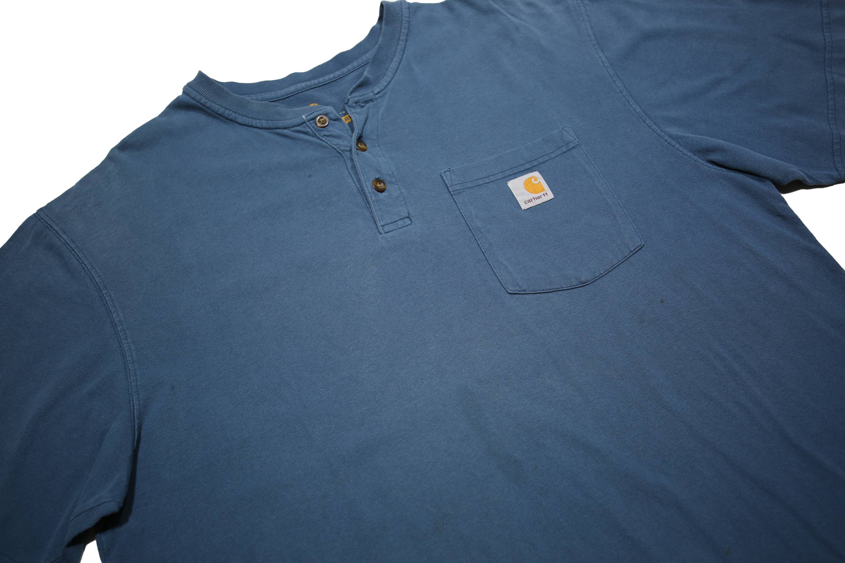 CARHARTT Mens Blue Henley T-Shirt L Short Sleeve Crew Neck Cotton Workwear