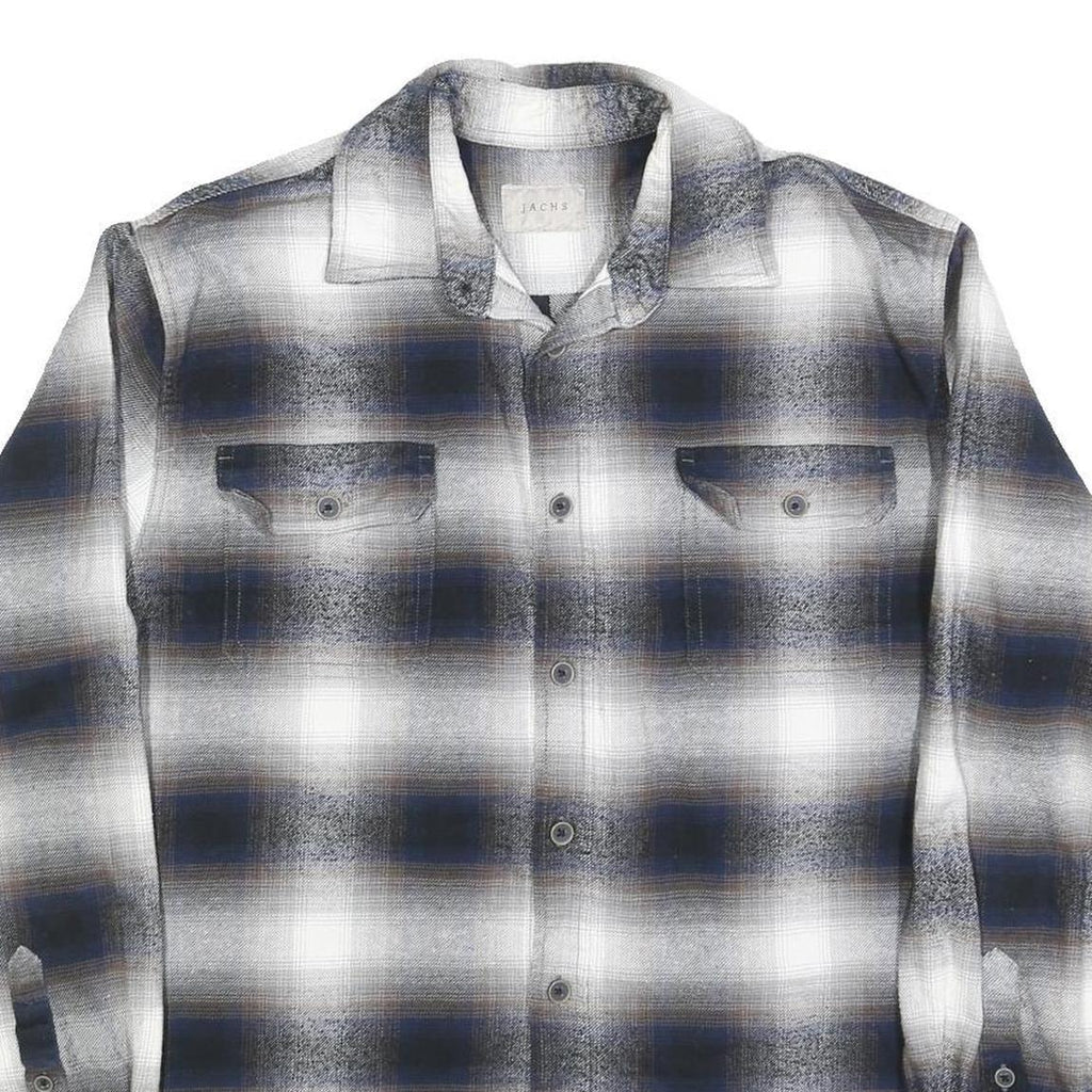 JACHS Mens Blue Black White Plaid Shirt L Cotton Blend Casual Button Front