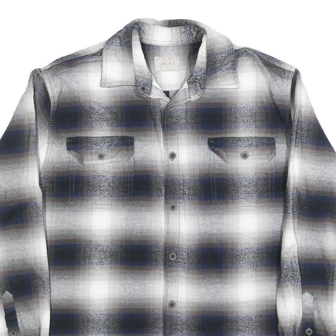 JACHS Mens Blue Black White Plaid Shirt L Cotton Blend Casual Button Front
