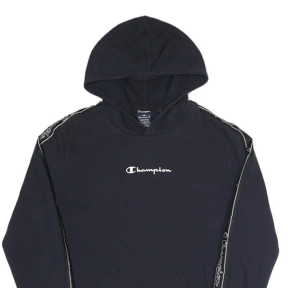 CHAMPION Mens Navy Blue Hoodie M Cotton Blend Pullover With Logo Tape