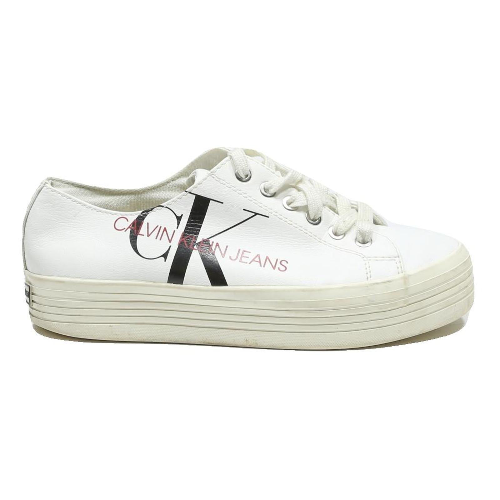 CALVIN KLEIN JEANS Womens Lace-Up Trainers White Leather UK 7 Platform Casual