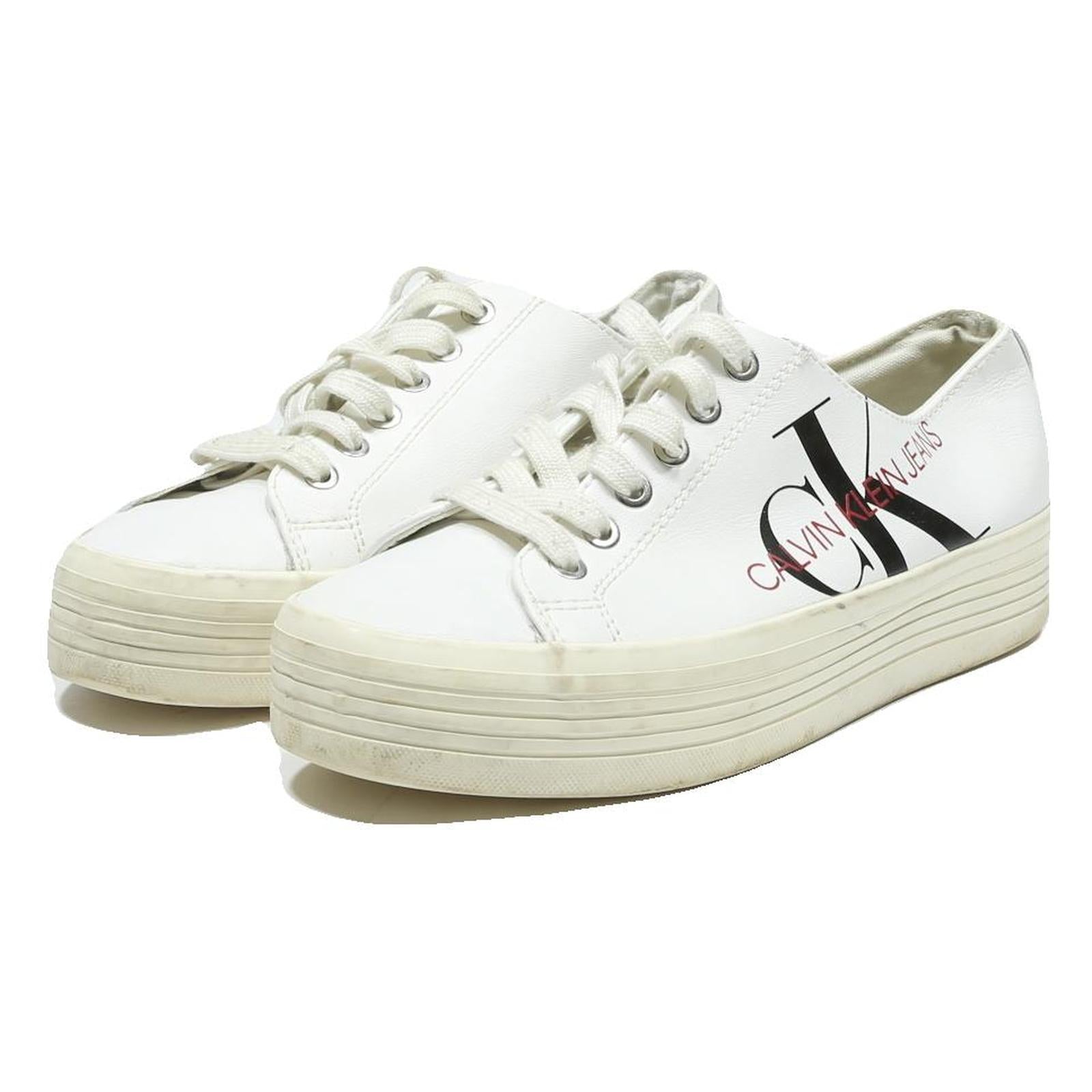 CALVIN KLEIN JEANS Womens Lace-Up Trainers White Leather UK 7 Platform Casual